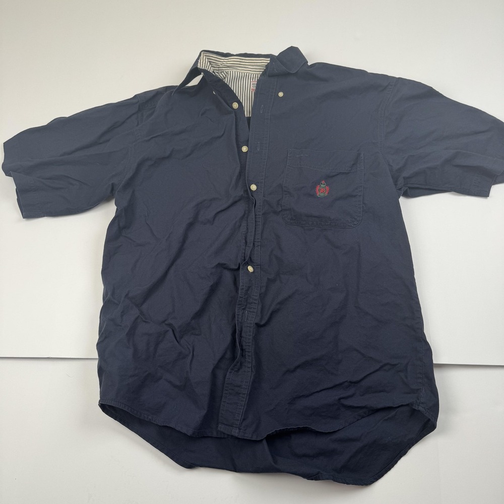 Vintage Bugle Boy Shirt Mens Medium Navy Blue Short Sleeve Button Up Crest 90s